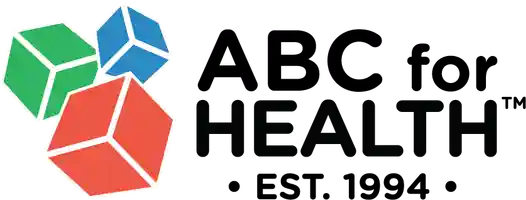 A set of three colored blocks, in the same aspect as children's letter blocks, in red, green, and blue. The text 'ABC for Health™ Est. 1994' sits to the right of the logo.
