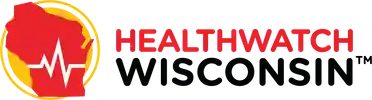 The logo for HealthWatch Wisconsin, a red silhouette of Wisconsin with a pulse line sit beside the text.